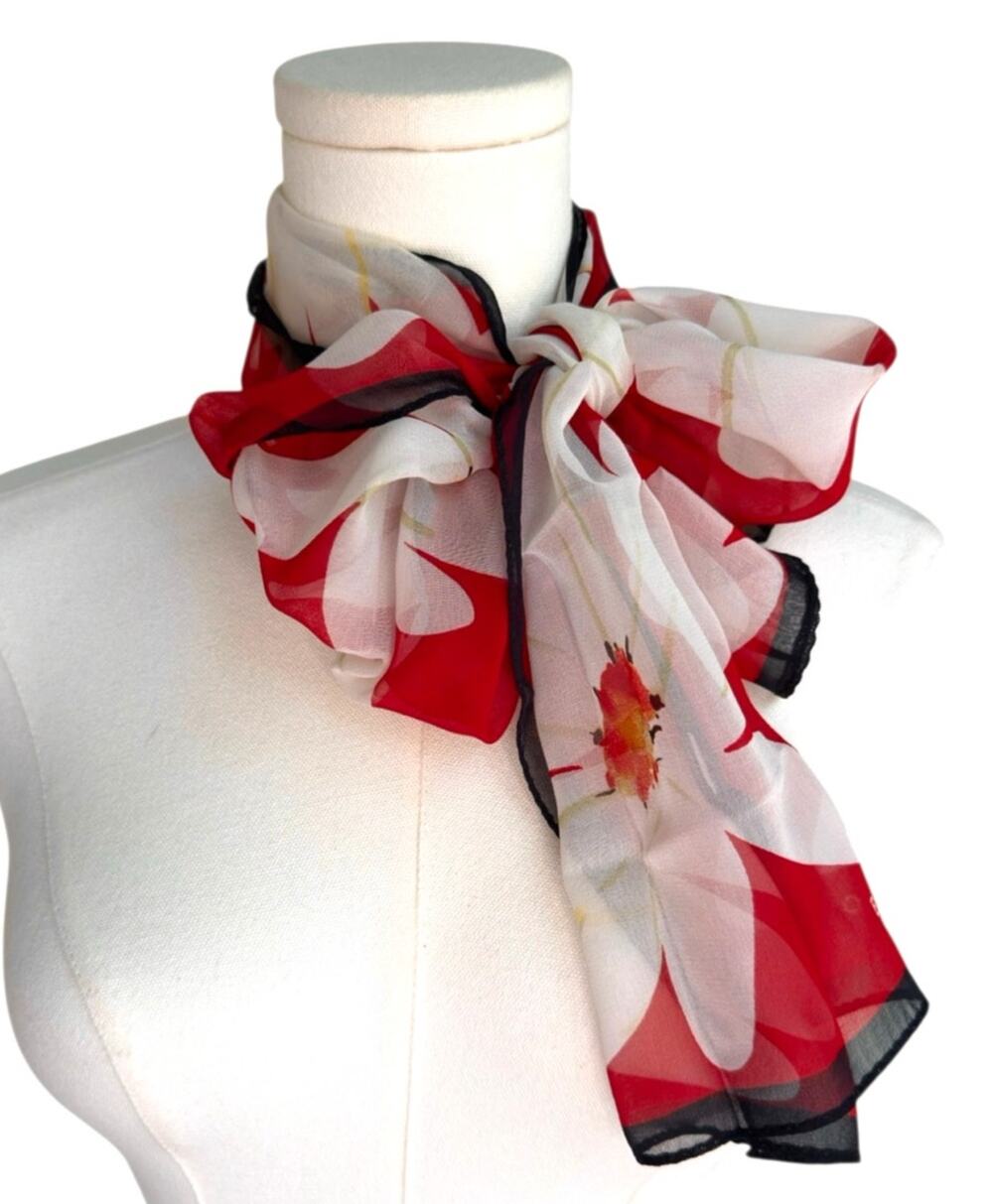 Echo Vintage Long Lightweight Flowy Scarf Red Blue White Floral Sheer Twee